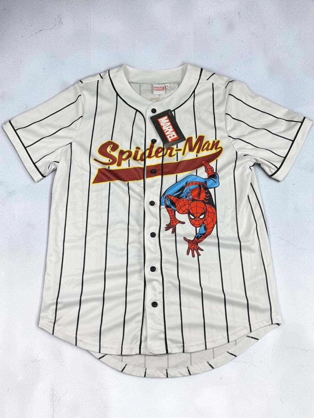 Men’s Marvel Spider-Man Pinstripe Baseball Jersey Size M White